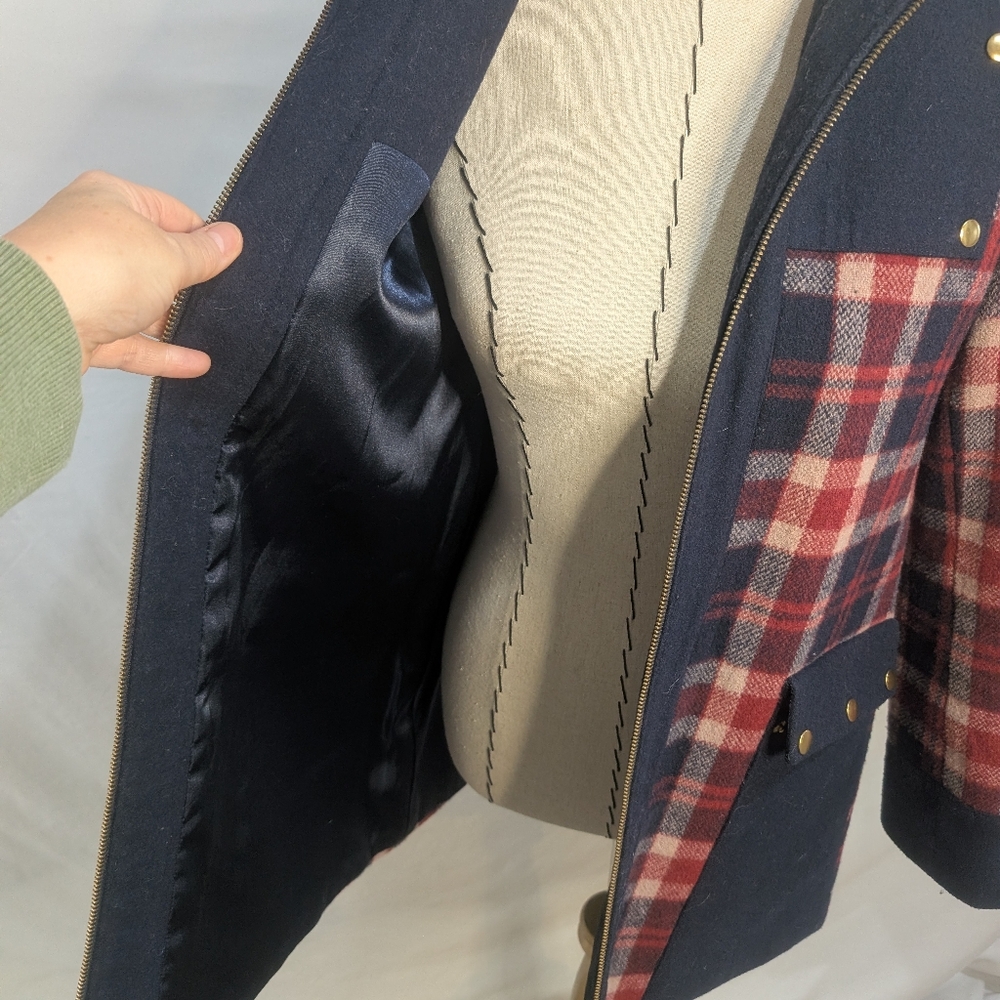 Madchen Navy/Red Plaid Wool Utility Jacket S Taylor Swift Zoey Deschanel - Picture 8 of 10